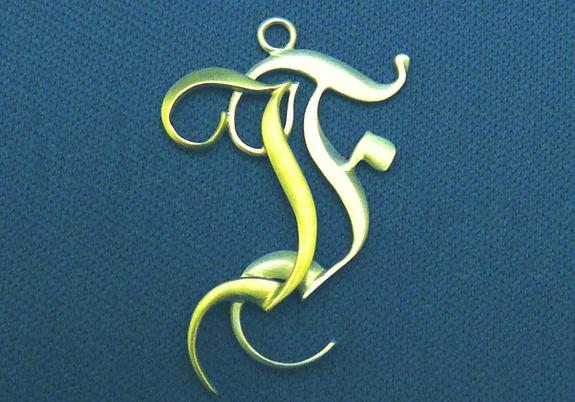 Hanger, 925 zilver en 14 karaat geel goud, monogram, 27 x 35 mm